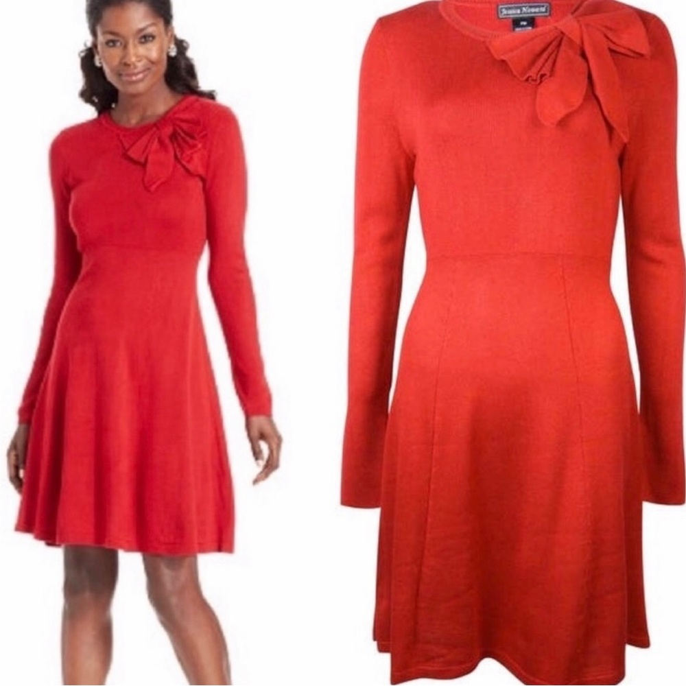 - - - - Jessica Howard red knitted dress with bow  fit & flare Sz Large NE…